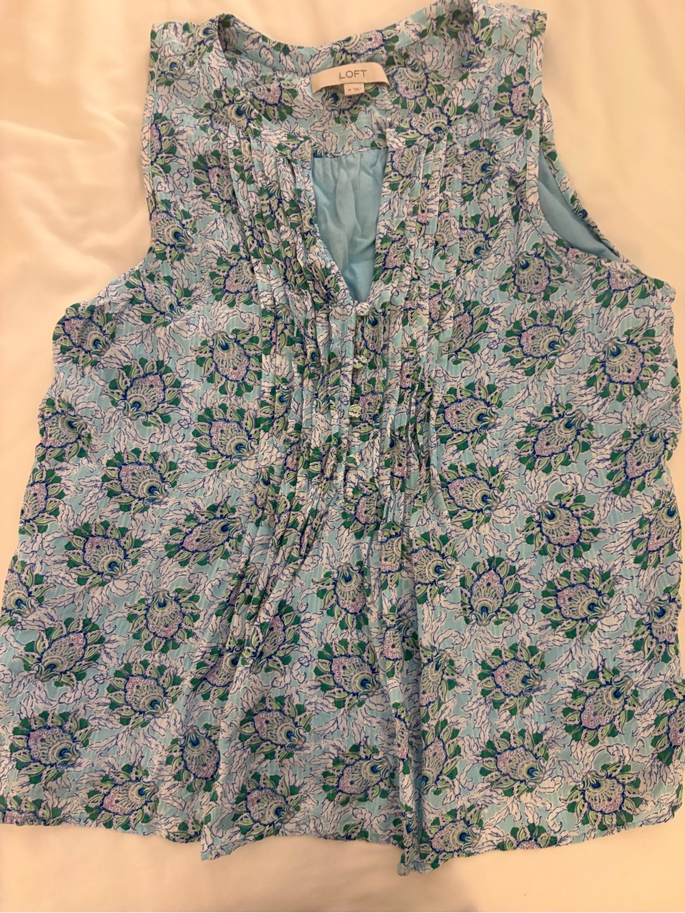 LOFT Light Blue Floral Pintuck Sleeveless Top